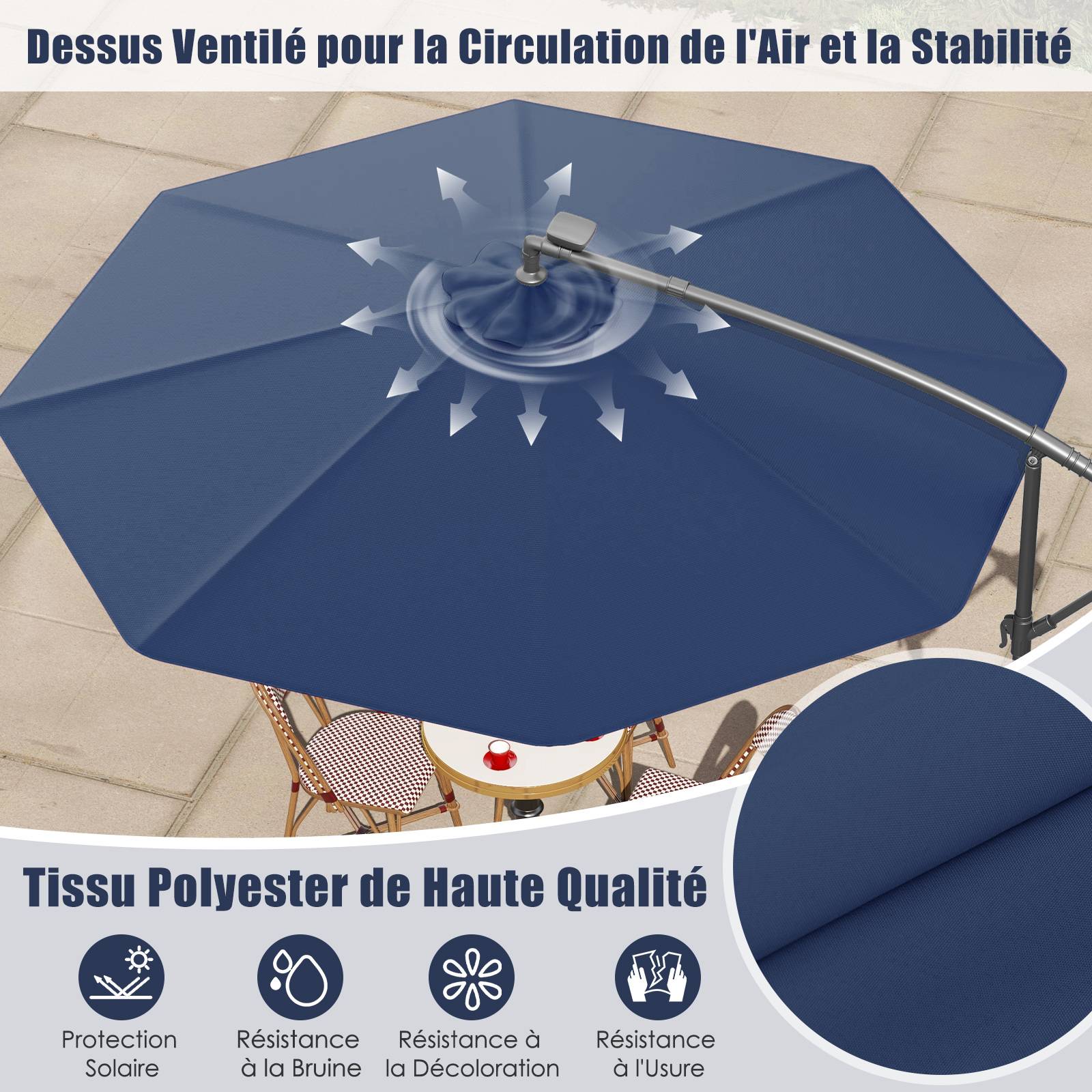 Costway - Parasol Déporté Excentré 3M Hexagonale, avec 40 LED Solaire, Inclinable, 8 Baleines en Métal, Base Croisée, Parasol à Manivelle, Bleu - Image 3