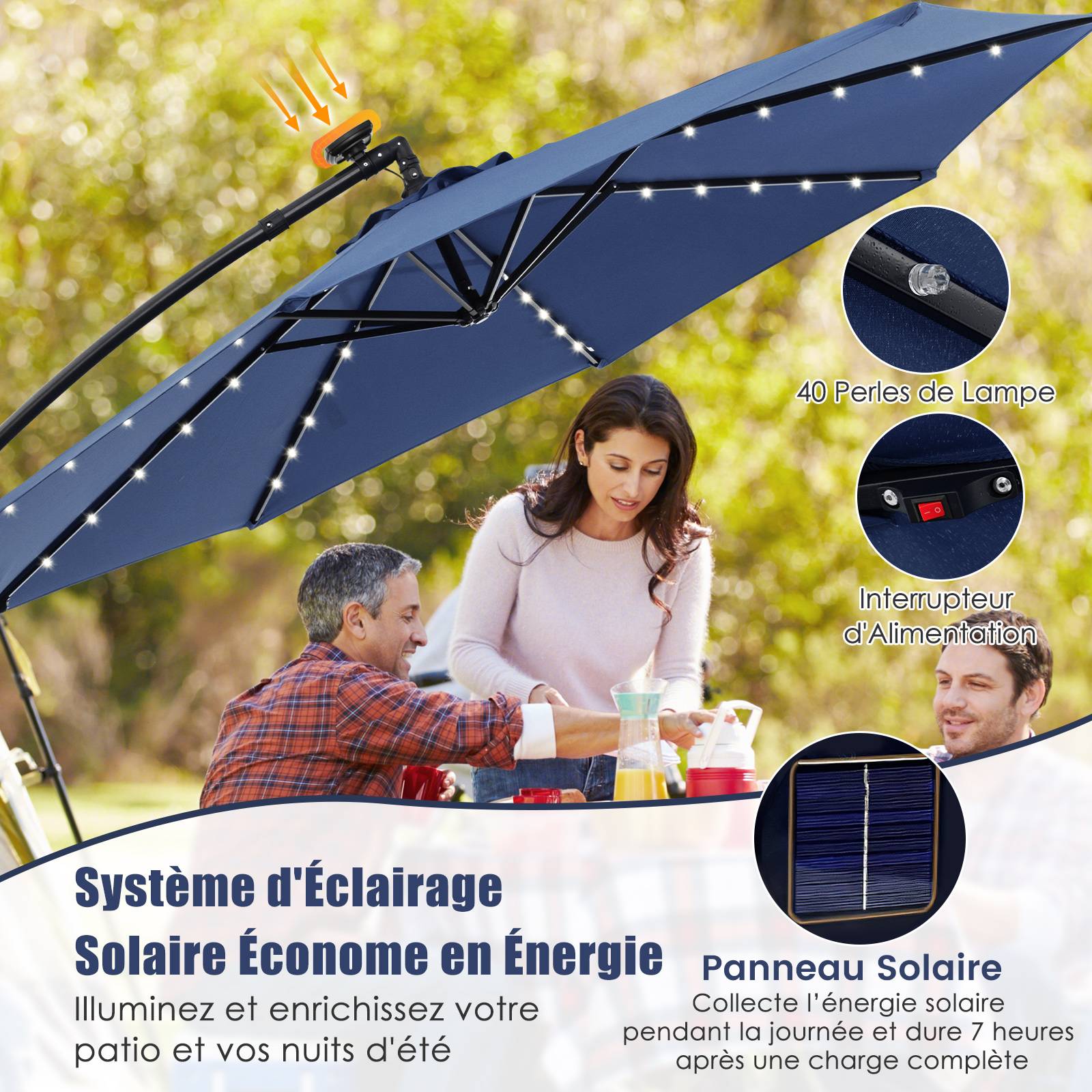 Costway - Parasol Déporté Excentré 3M Hexagonale, avec 40 LED Solaire, Inclinable, 8 Baleines en Métal, Base Croisée, Parasol à Manivelle, Bleu - Image 5
