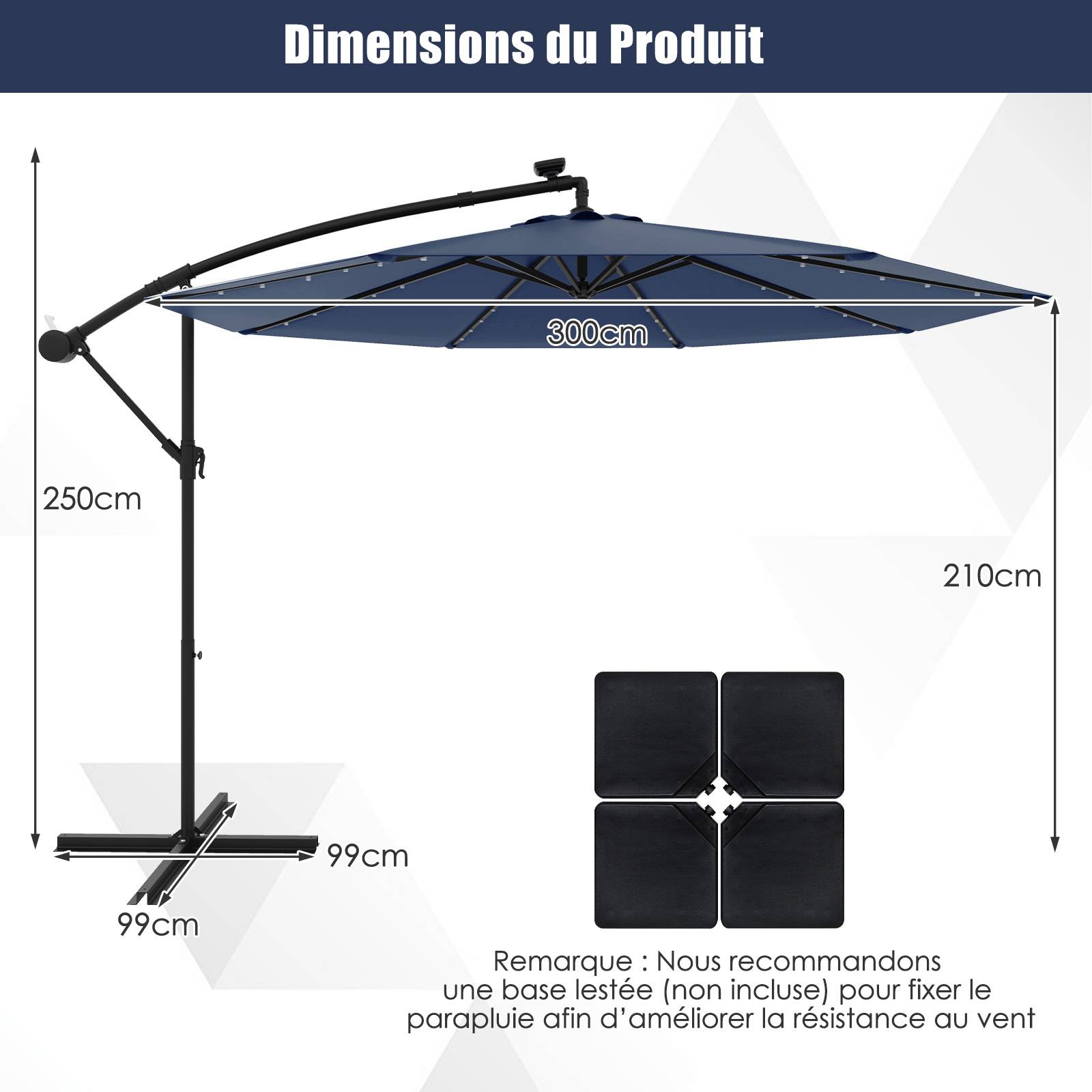 Costway - Parasol Déporté Excentré 3M Hexagonale, avec 40 LED Solaire, Inclinable, 8 Baleines en Métal, Base Croisée, Parasol à Manivelle, Bleu - Image 2