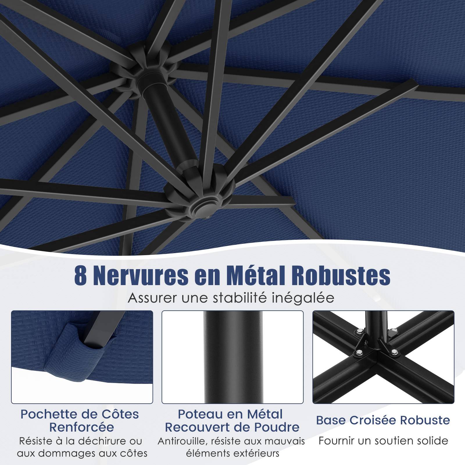 Costway - Parasol Déporté Excentré 3M Hexagonale, avec 40 LED Solaire, Inclinable, 8 Baleines en Métal, Base Croisée, Parasol à Manivelle, Bleu - Image 4