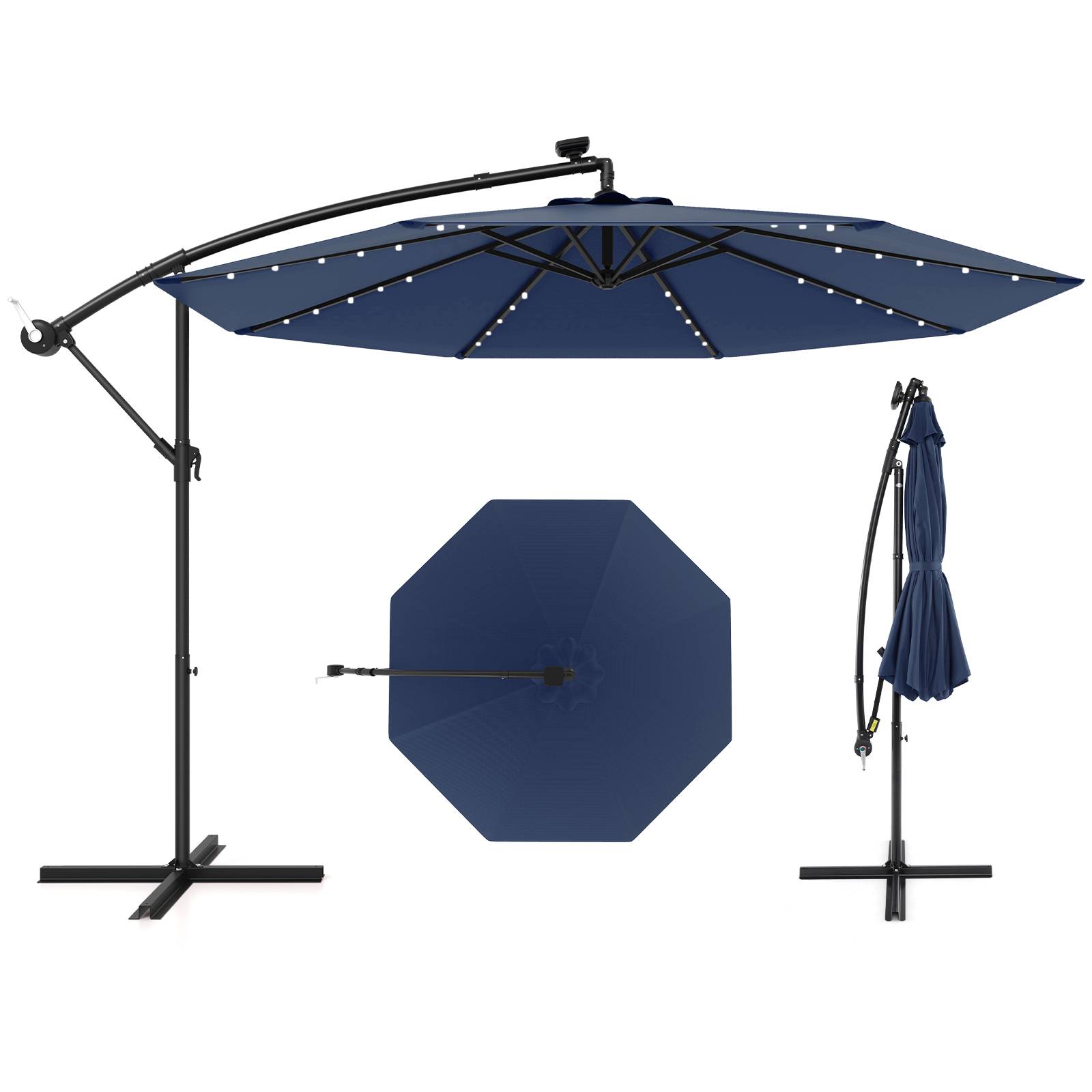 Costway - Parasol Déporté Excentré 3M Hexagonale, avec 40 LED Solaire, Inclinable, 8 Baleines en Métal, Base Croisée, Parasol à Manivelle, Bleu - Image 1