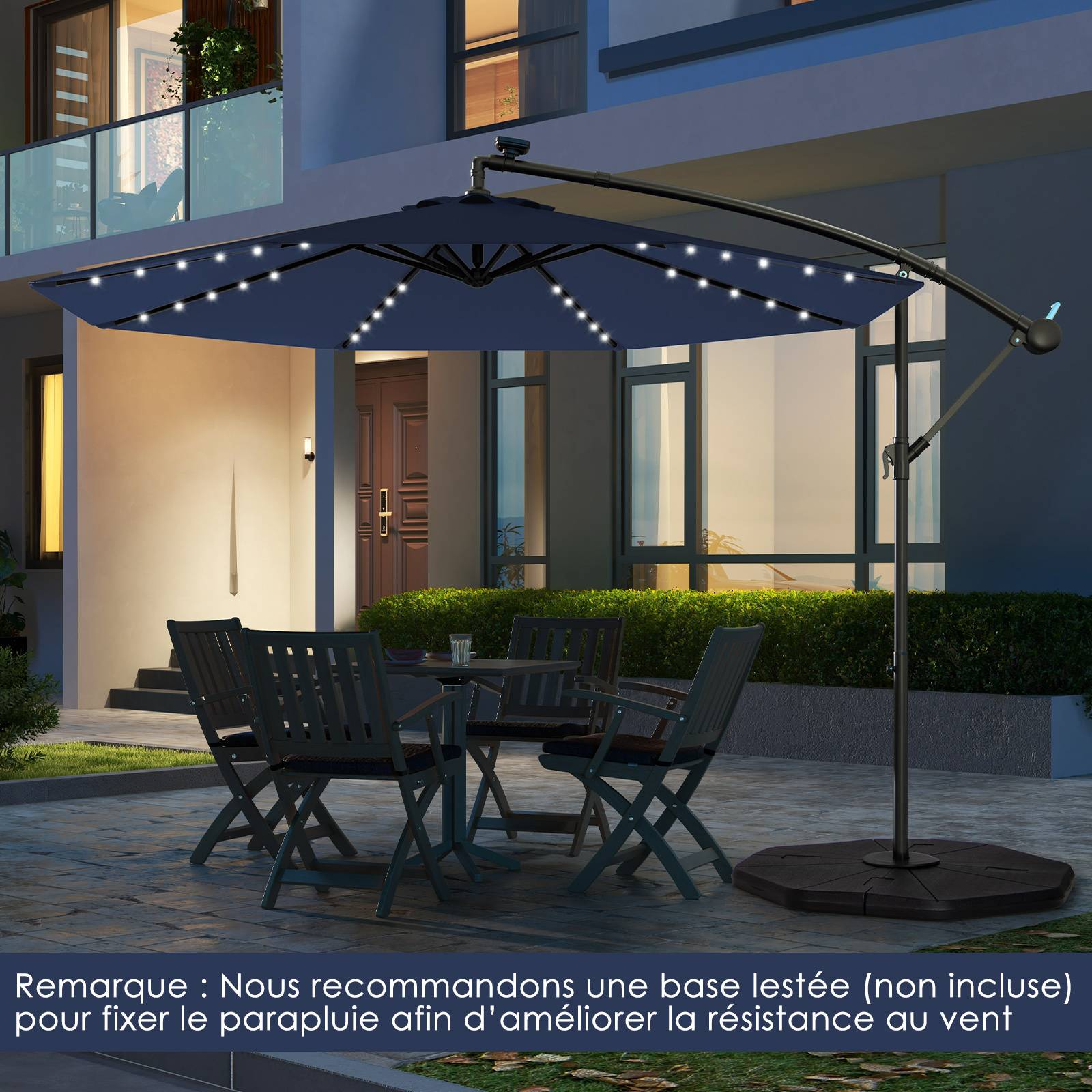Costway - Parasol Déporté Excentré 3M Hexagonale, avec 40 LED Solaire, Inclinable, 8 Baleines en Métal, Base Croisée, Parasol à Manivelle, Bleu - Image 7