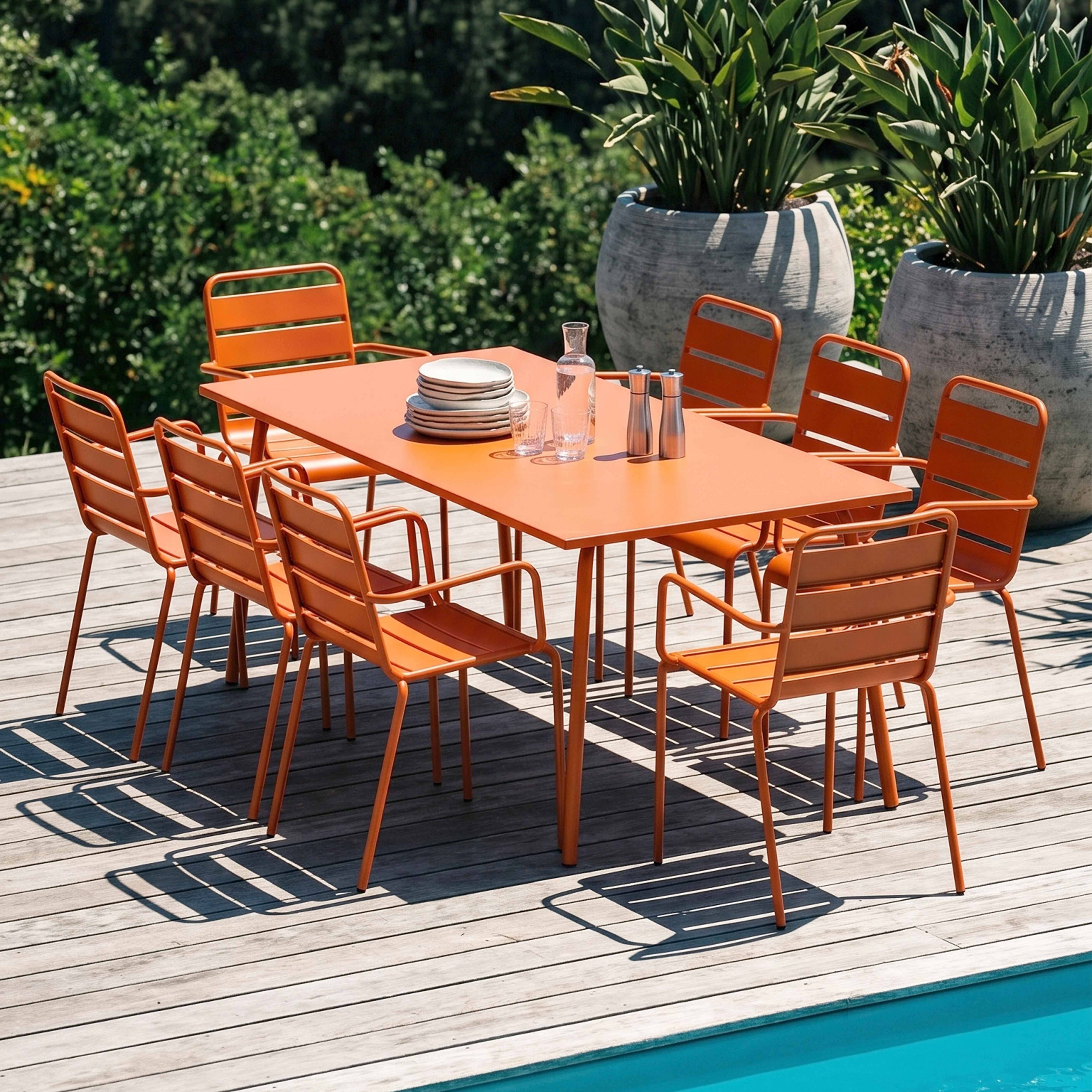 Oviala - Ensemble table de jardin et 8 fauteuils en métal orange Palavas - Oviala - Imagen 2