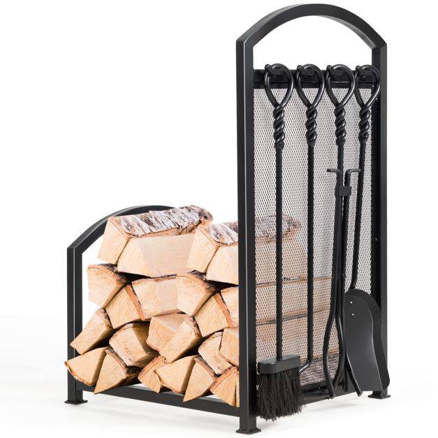 Helloshop26 - Porte-bûche en fer avec serviteurs de cheminée range-bûche avec pince brosse pelle tisonnier accroché sur panneau en maille fer noir - Imagen 1