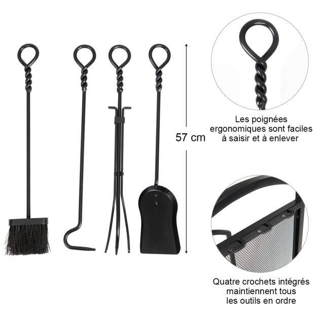 Helloshop26 - Porte-bûche en fer avec serviteurs de cheminée range-bûche avec pince brosse pelle tisonnier accroché sur panneau en maille fer noir - Imagen 3