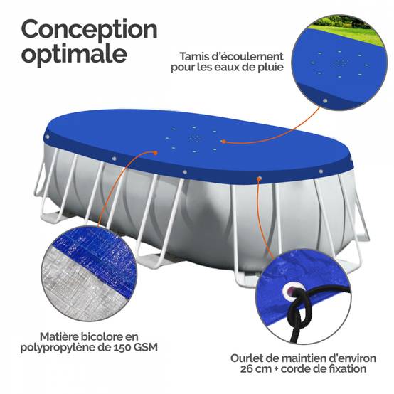 Linxor - Bâche de protection réversible 4 saisons pour piscine hors sol - Ovale 3,66 x 6,10 m - 150 gsm - Bleu et gris - Linxor - Imagen 3