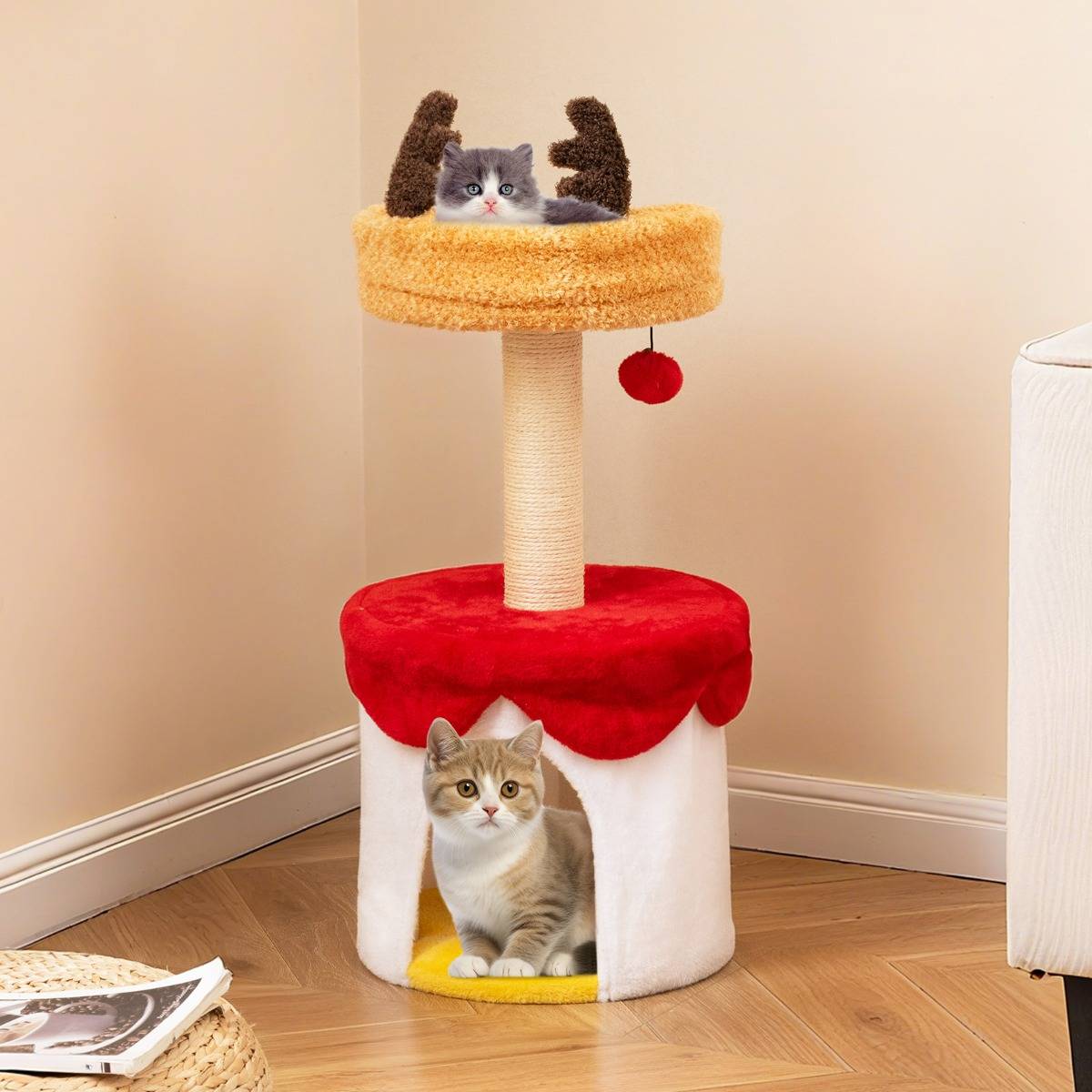 Arbre à Chat de Noël avec Lit Tour pour Chaton de 80cm avec Poteau à Griffer en Sisal Balle - Image 3