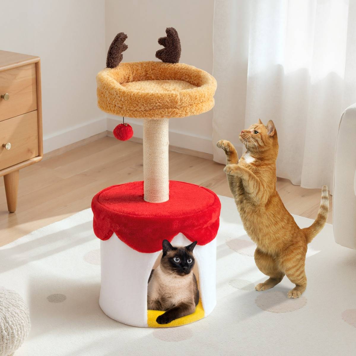 Arbre à Chat de Noël avec Lit Tour pour Chaton de 80cm avec Poteau à Griffer en Sisal Balle - Image 2