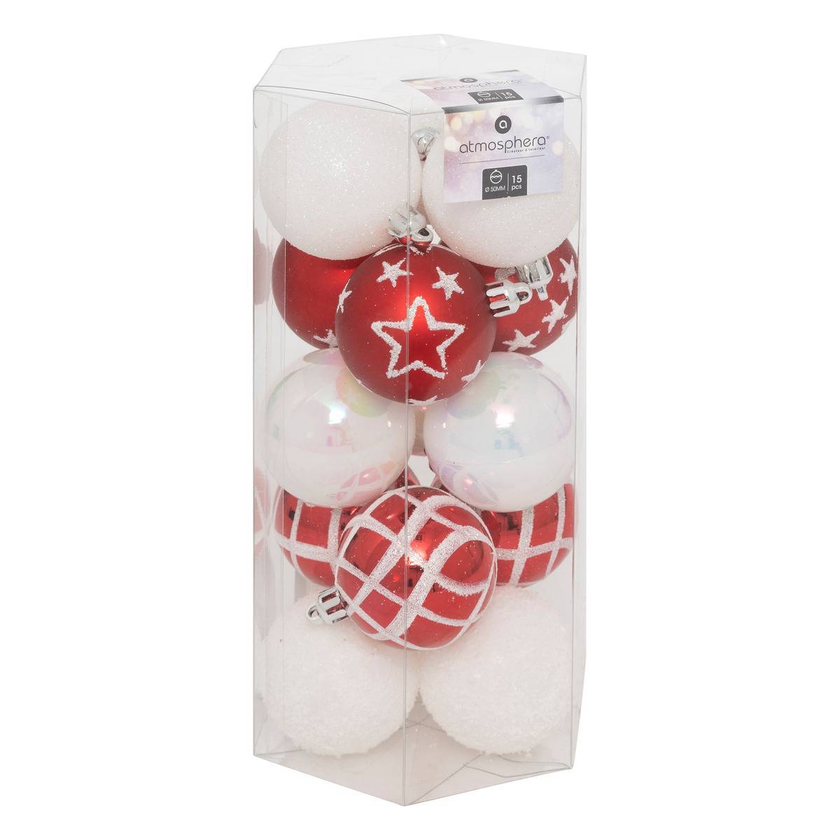 Fééric Lights & Christmas - Lot de 15 boules lisses et décorées D.5cm rouge blanc - Feeric Lights & Christmas - Imagen 1