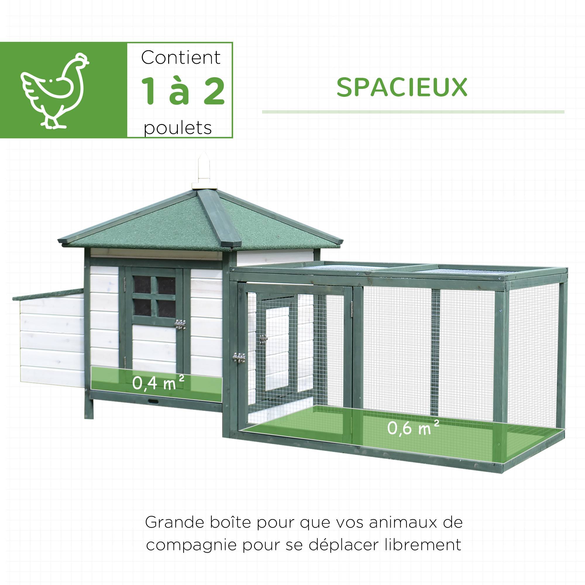 Poulailler Cottage Bois Pin Extérieur Pondoir Enclos 196x76cm Vert Blanc - ComfortXL Outdoor Living - Image 6