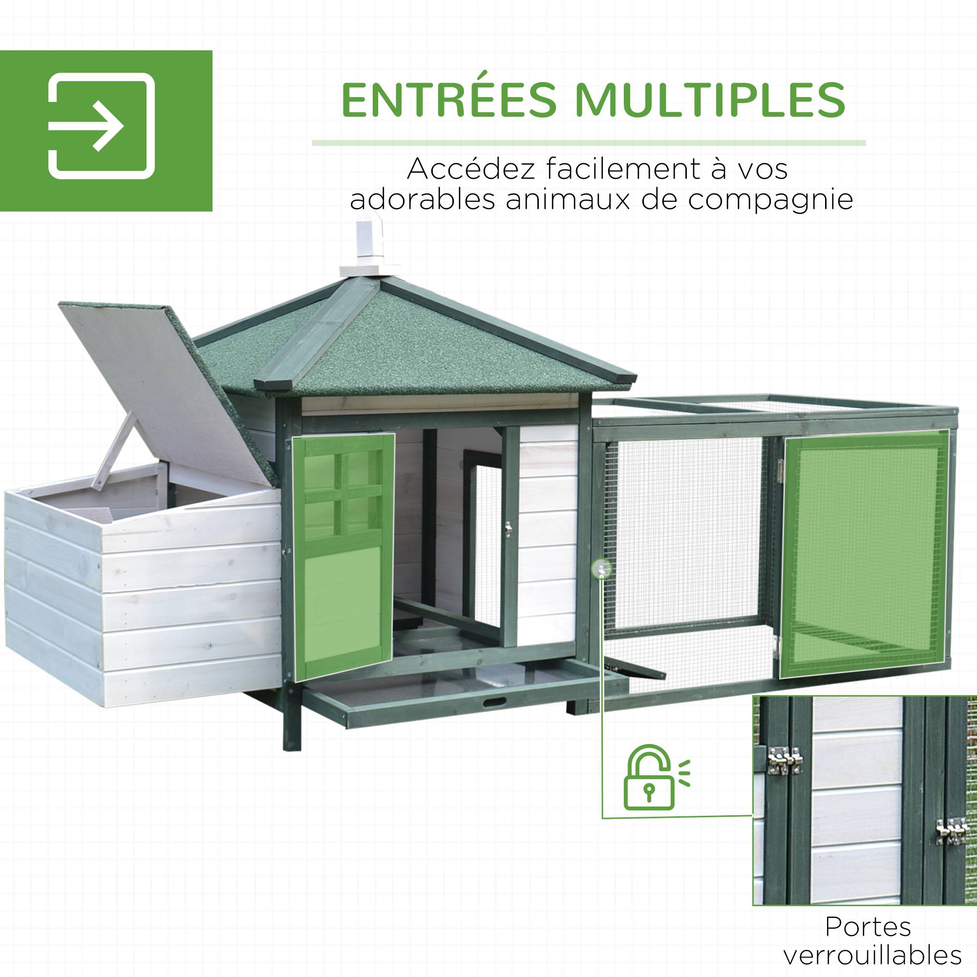 Poulailler Cottage Bois Pin Extérieur Pondoir Enclos 196x76cm Vert Blanc - ComfortXL Outdoor Living - Image 7