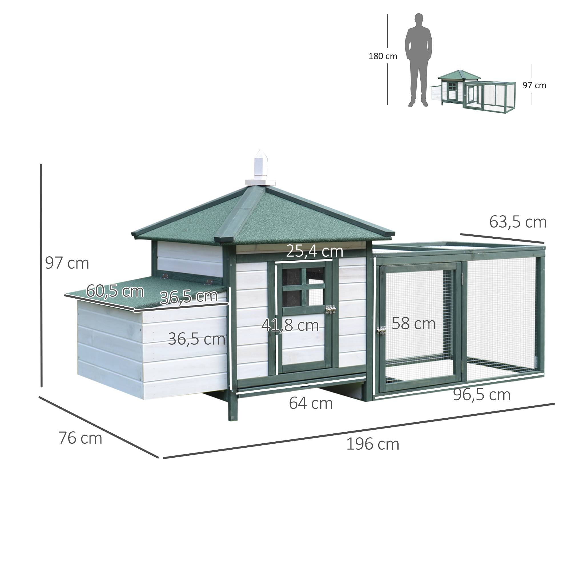 Poulailler Cottage Bois Pin Extérieur Pondoir Enclos 196x76cm Vert Blanc - ComfortXL Outdoor Living - Image 5