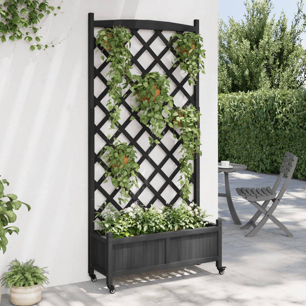 Maison Chic - Jardinière, Bac à fleurs, Pot de fleurs avec treillis et roues noir bois massif de sapin - Imagen 3