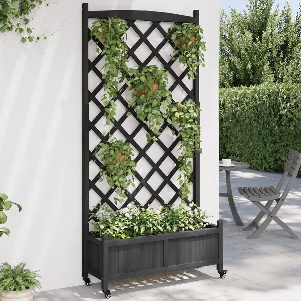Maison Chic - Jardinière, Bac à fleurs, Pot de fleurs avec treillis et roues noir bois massif de sapin - Imagen 2