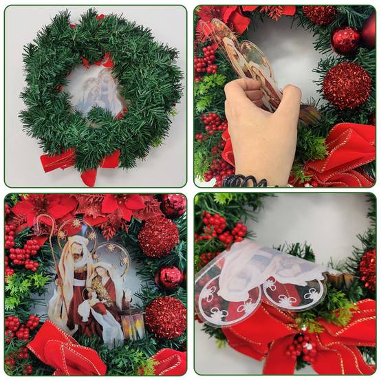 Couronne de Noël de 30 cm avec lumière LED, décorations de Noël, guirlande de Noël artificielle, fournitures de fête de Noël (rouge) - Image 4