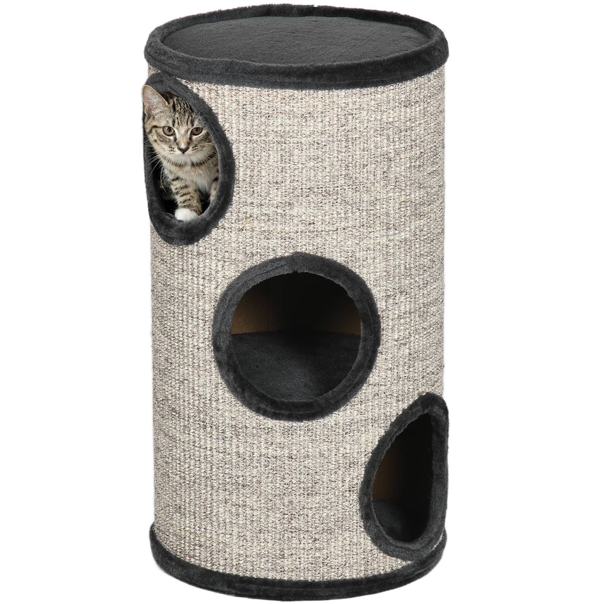 Tonneau à gratter chat sisal peluche tour 3 niveaux jeu et repos 38x70cm gris clair - ComfortXL Outdoor Living - Image 1