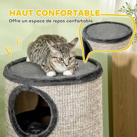 Tonneau à gratter chat sisal peluche tour 3 niveaux jeu et repos 38x70cm gris clair - ComfortXL Outdoor Living - Image 7