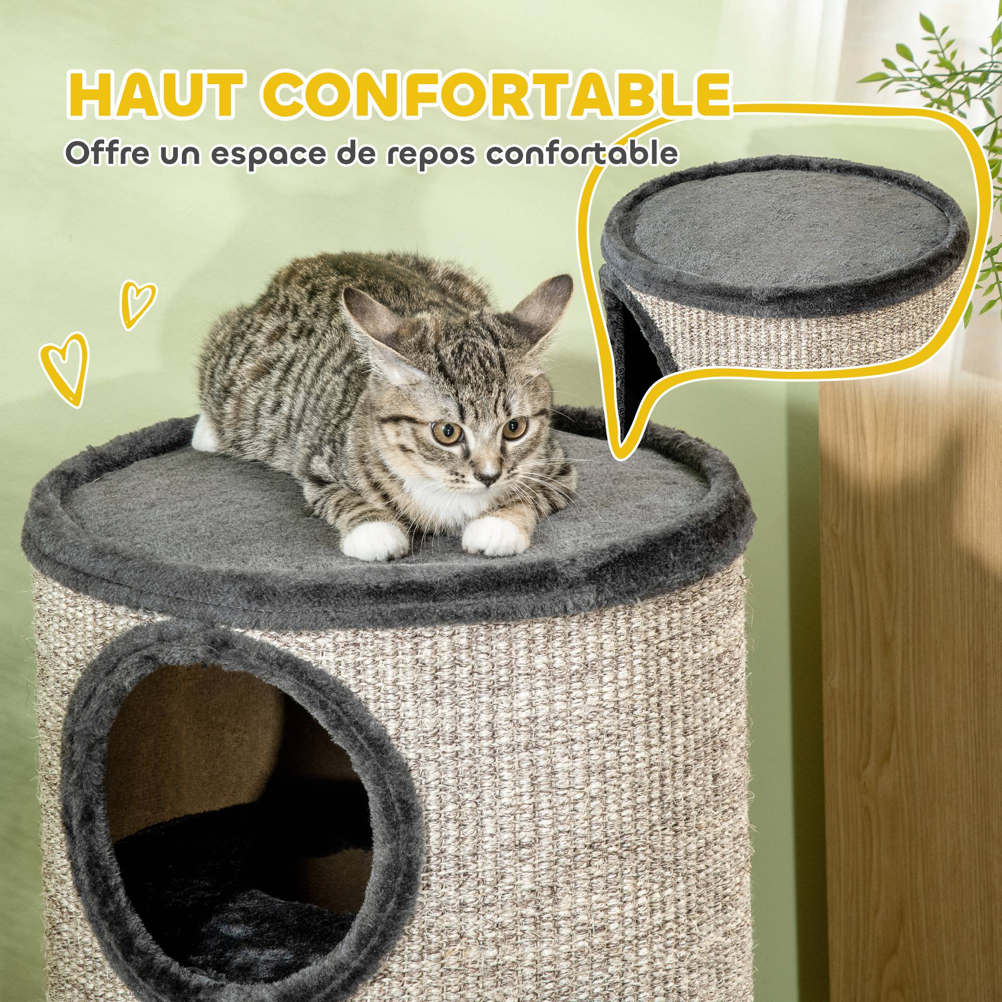 Tonneau à gratter chat sisal peluche tour 3 niveaux jeu et repos 38x70cm gris clair - ComfortXL Outdoor Living - Image 7