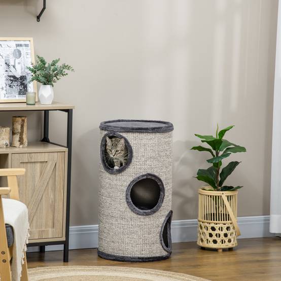 Tonneau à gratter chat sisal peluche tour 3 niveaux jeu et repos 38x70cm gris clair - ComfortXL Outdoor Living - Image 4