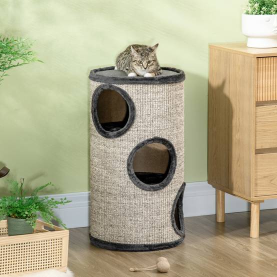 Tonneau à gratter chat sisal peluche tour 3 niveaux jeu et repos 38x70cm gris clair - ComfortXL Outdoor Living - Image 10