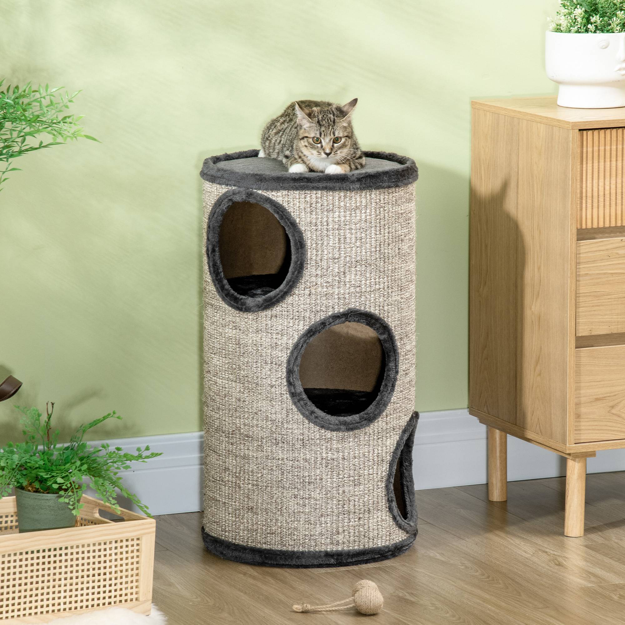 Tonneau à gratter chat sisal peluche tour 3 niveaux jeu et repos 38x70cm gris clair - ComfortXL Outdoor Living - Image 10