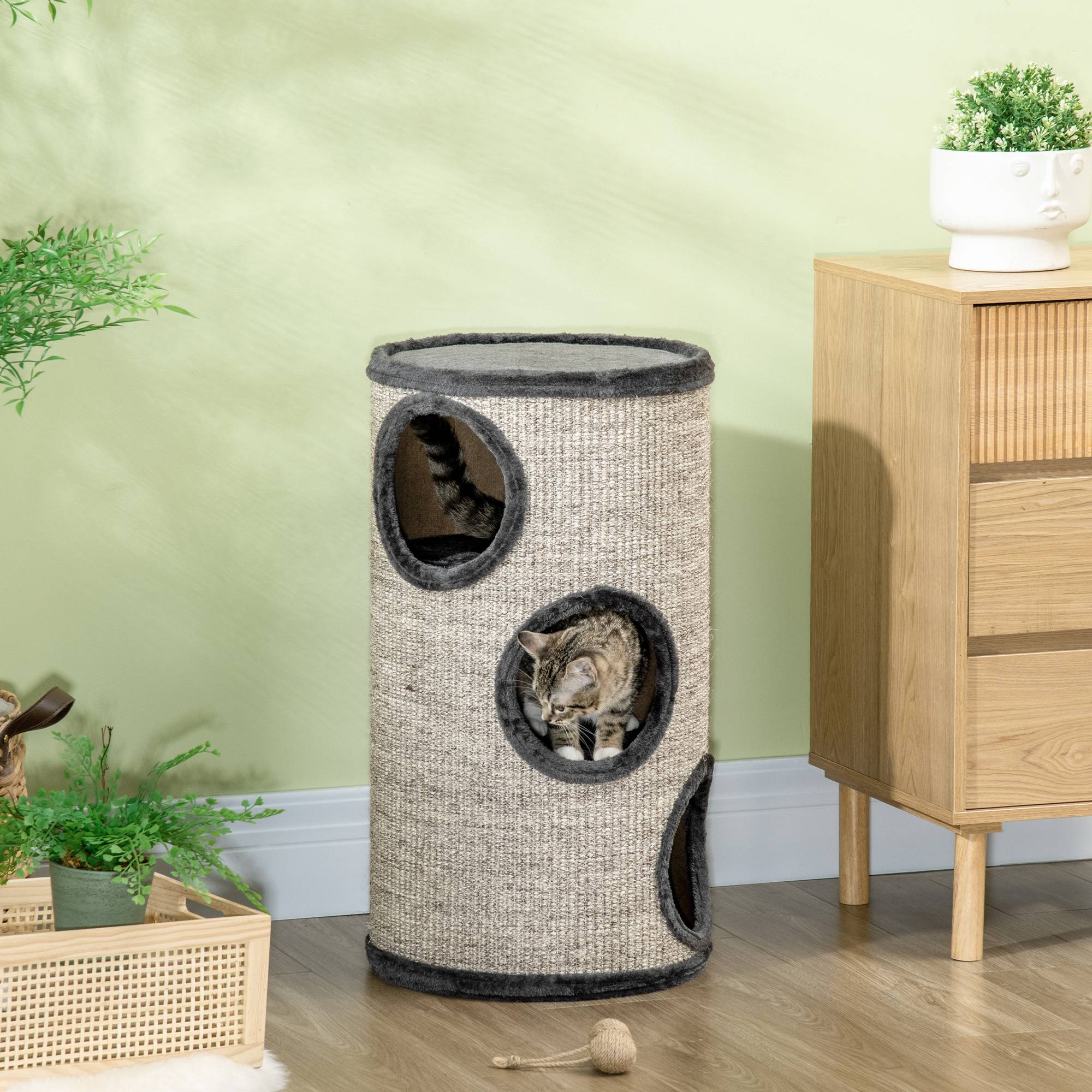 Tonneau à gratter chat sisal peluche tour 3 niveaux jeu et repos 38x70cm gris clair - ComfortXL Outdoor Living - Image 3