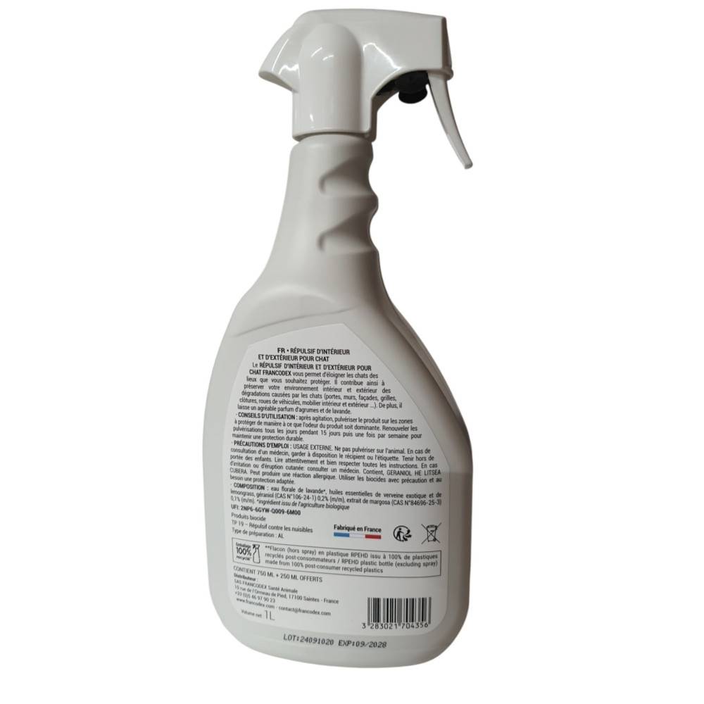 Francodex - Repelente de Interior y Exterior spray de 750 ml + 250 ml, Para Gatos - Imagen 2