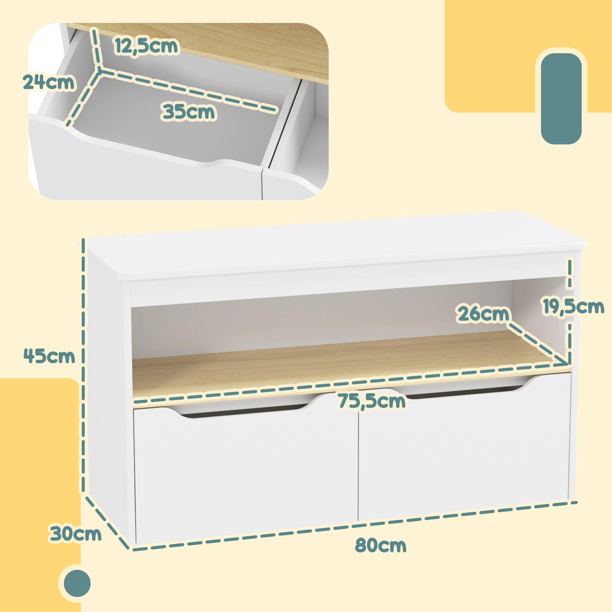 Étagère à jouets pour enfants avec 2 tiroirs et un compartiment pour salon, chambre ou salle de jeux, 80 x 30 x 45 cm, blanche - Image 5
