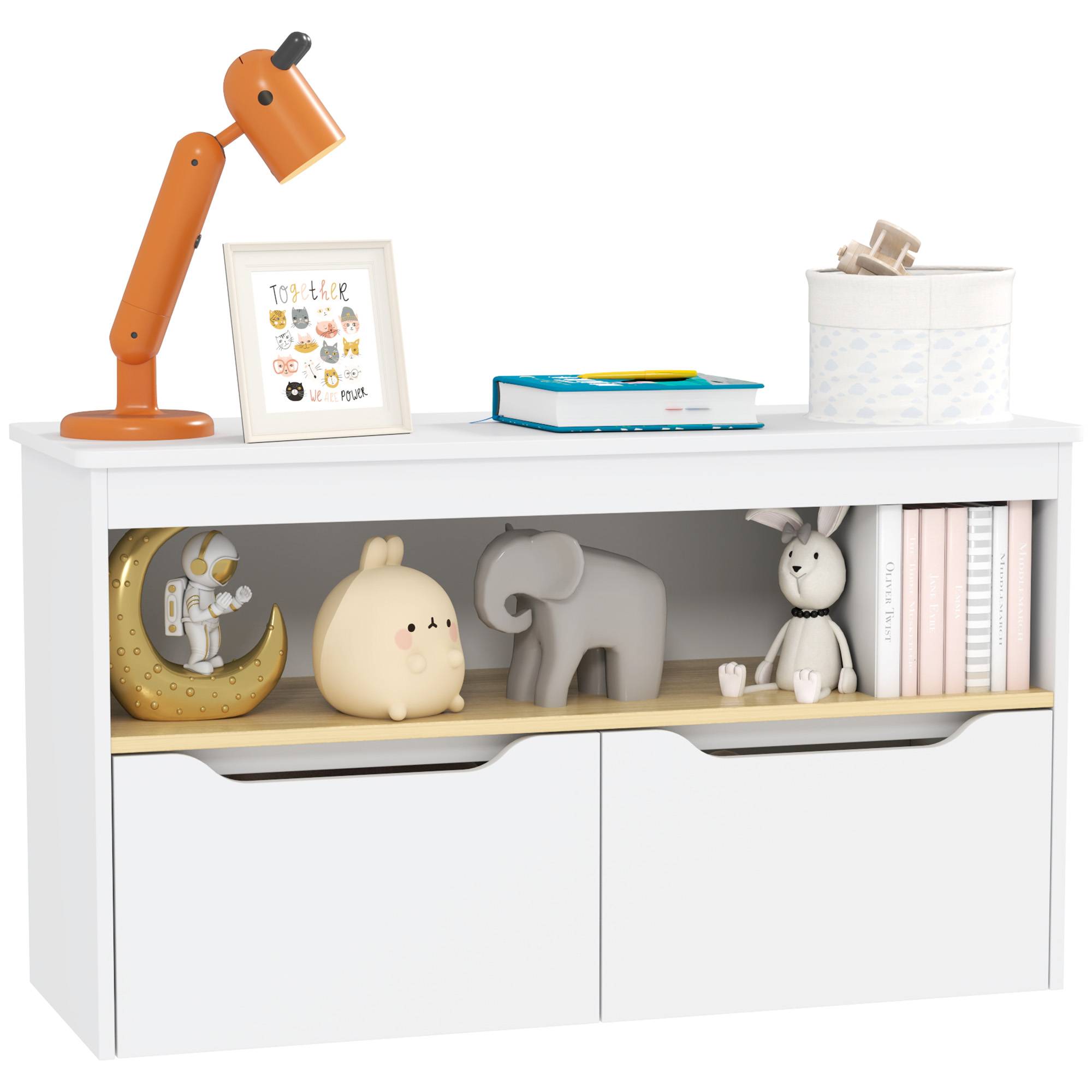Étagère à jouets pour enfants avec 2 tiroirs et un compartiment pour salon, chambre ou salle de jeux, 80 x 30 x 45 cm, blanche - Image 1