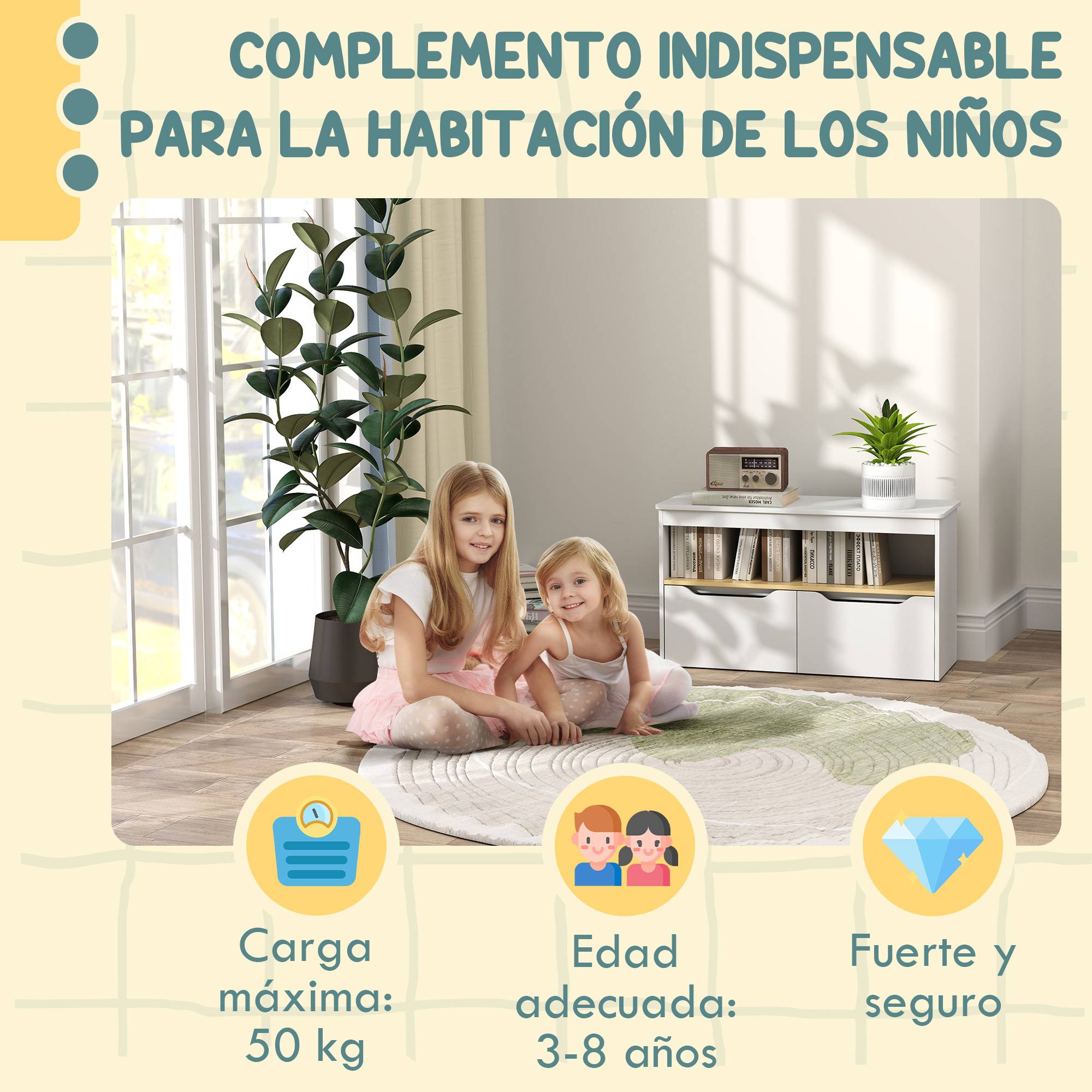 Étagère à jouets pour enfants avec 2 tiroirs et un compartiment pour salon, chambre ou salle de jeux, 80 x 30 x 45 cm, blanche - Image 9