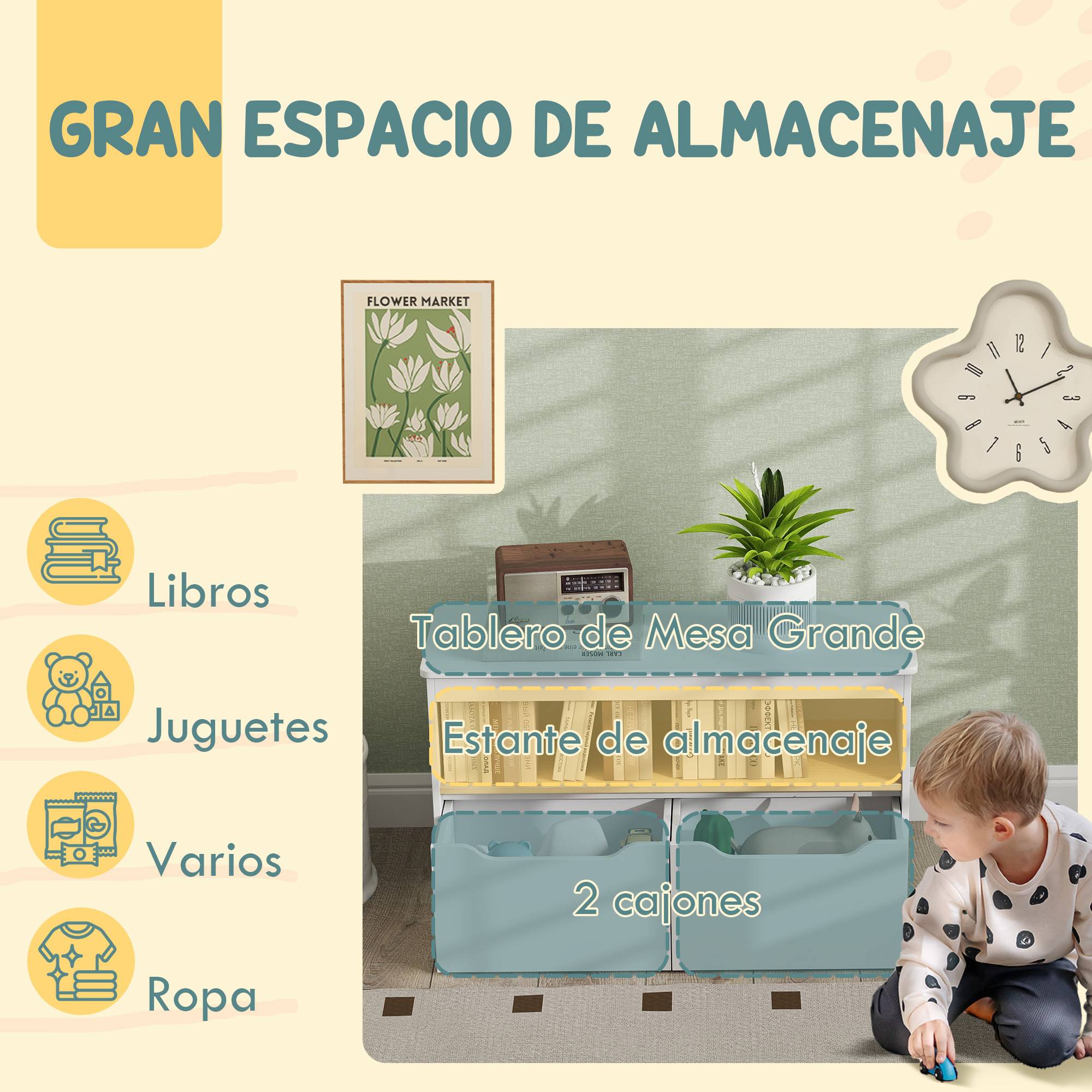 Étagère à jouets pour enfants avec 2 tiroirs et un compartiment pour salon, chambre ou salle de jeux, 80 x 30 x 45 cm, blanche - Image 6