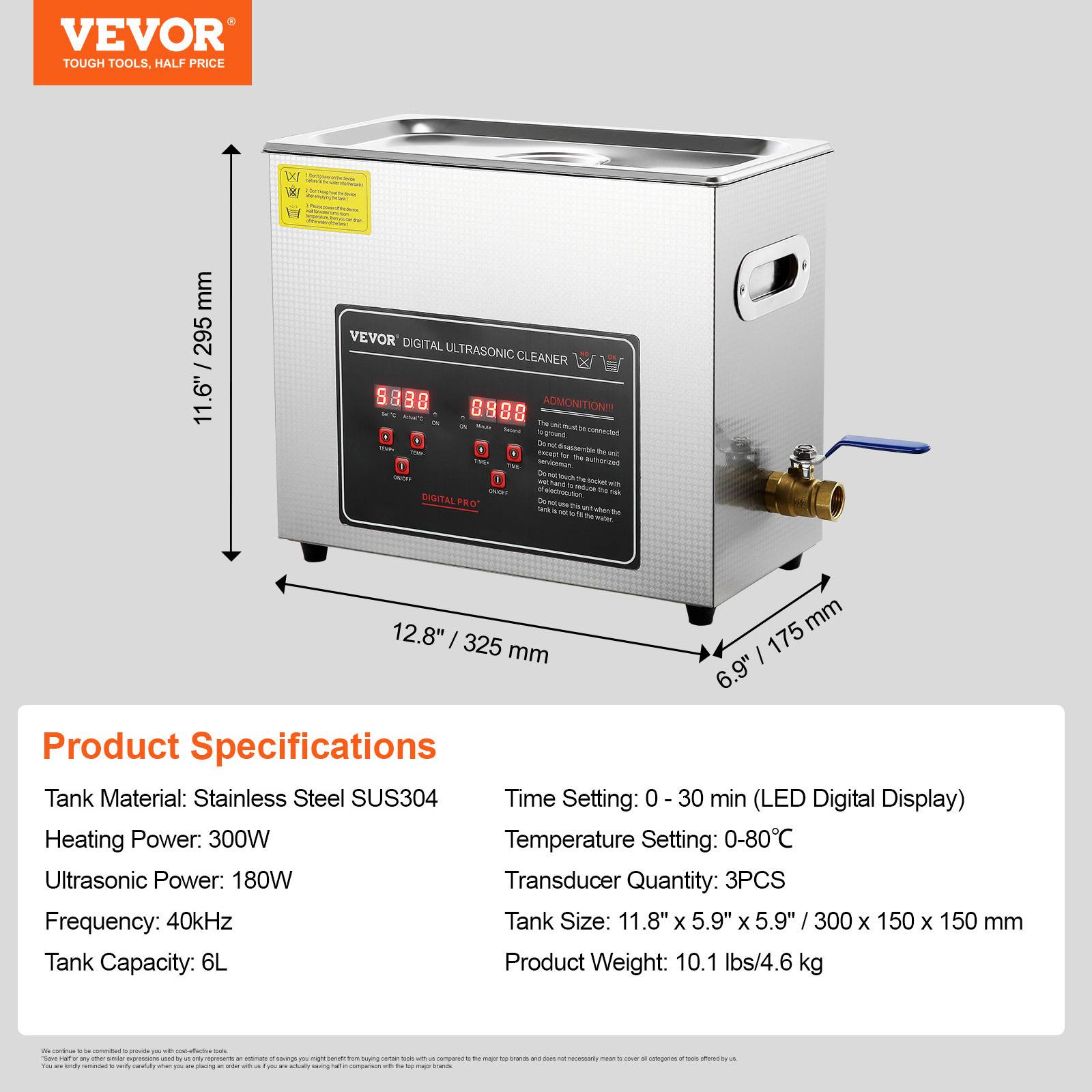 Vevor - VEVOR Nettoyeur ultrasons 6L inox numérique, chauffage, réglable temps/température, labo/pro. - Image 7