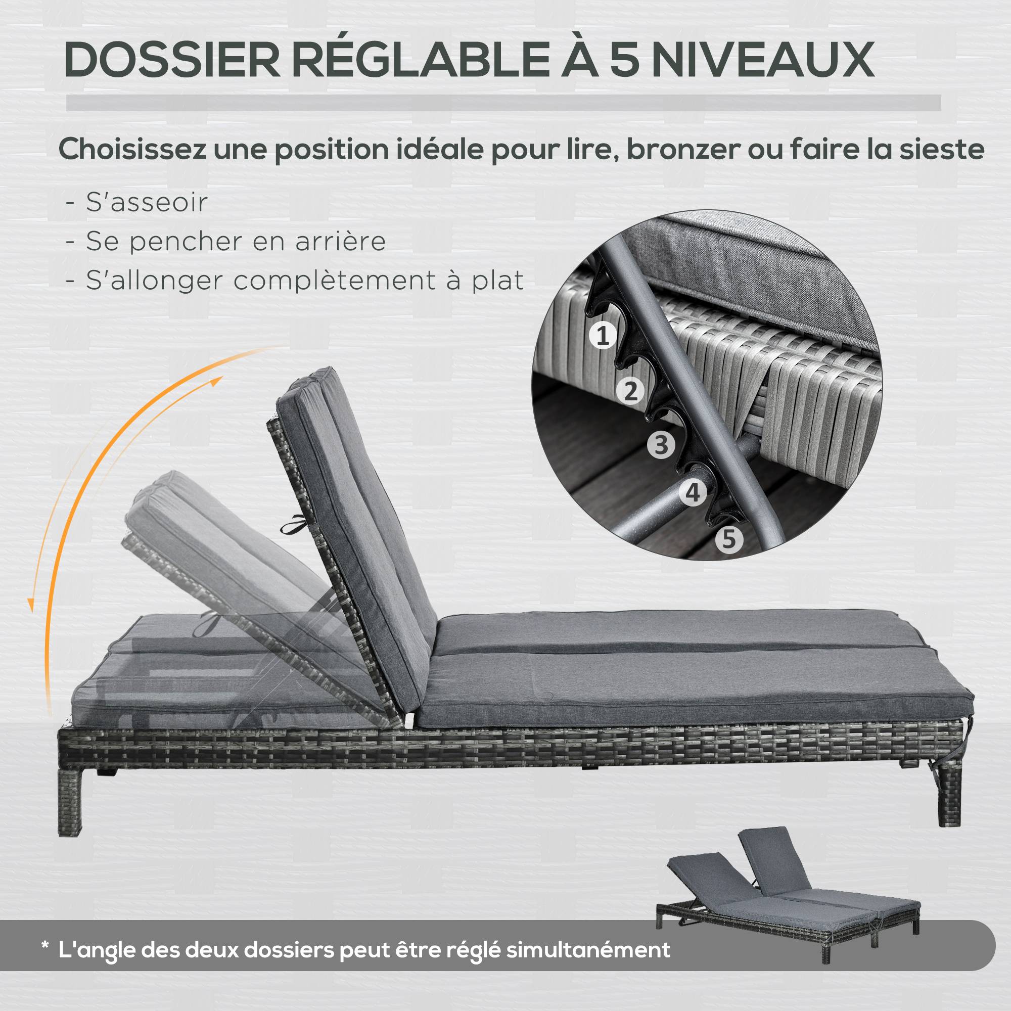 Outsunny - Bain de soleil transat 2 places - grand confort - dossier inclinable multi-positions - matelas fournis - résine tressée gris - Outsunny - Imagen 5