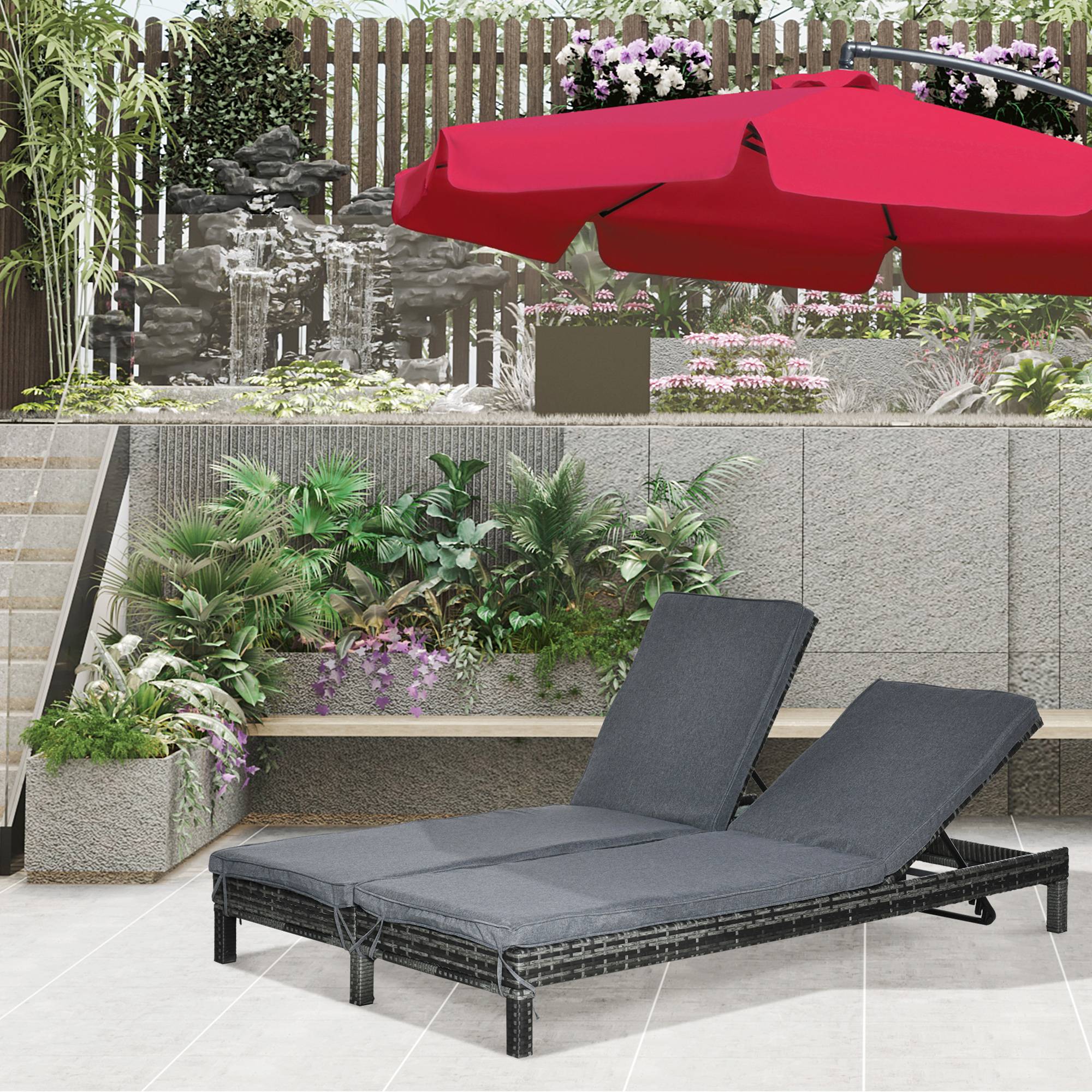 Outsunny - Bain de soleil transat 2 places - grand confort - dossier inclinable multi-positions - matelas fournis - résine tressée gris - Outsunny - Imagen 2
