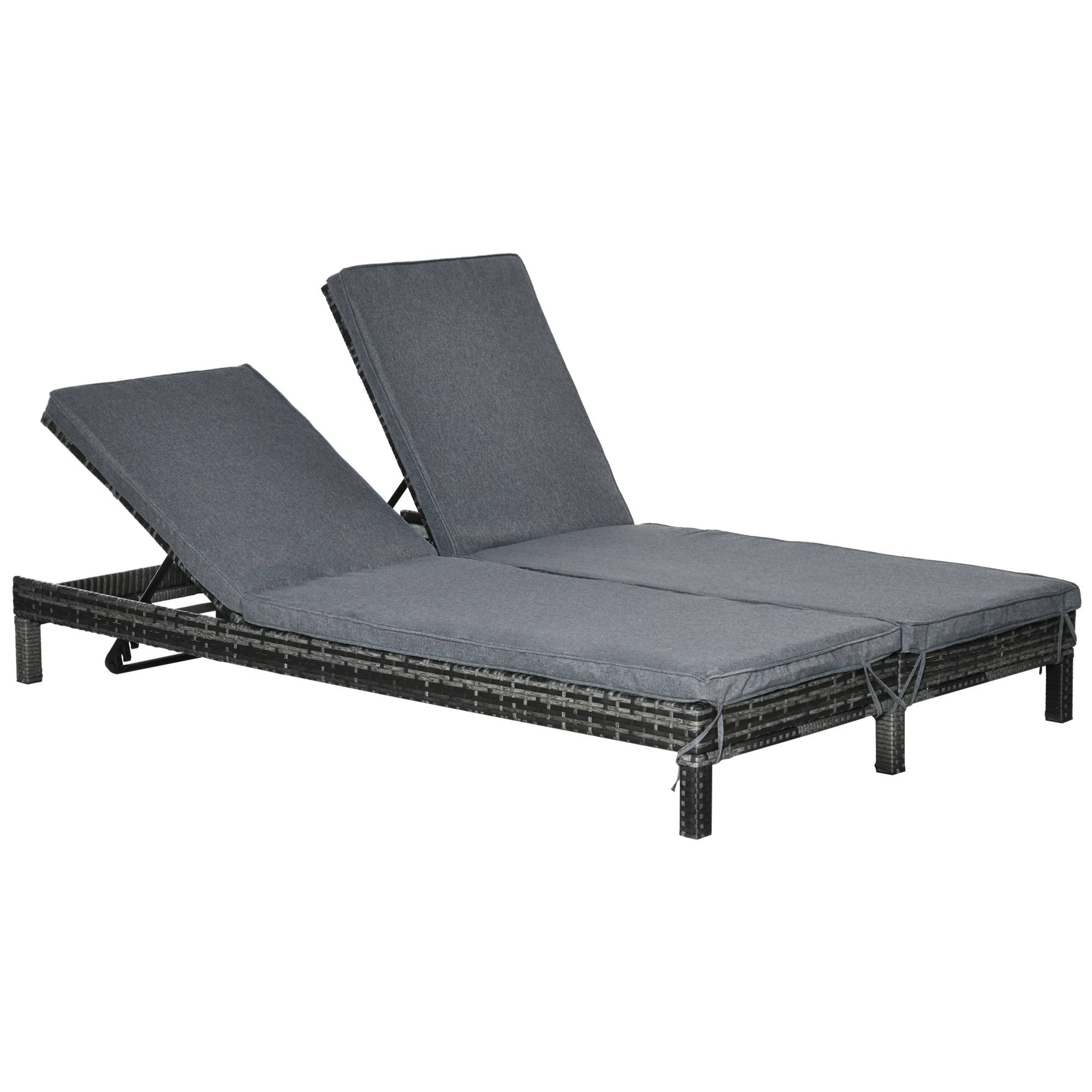 Outsunny - Bain de soleil transat 2 places - grand confort - dossier inclinable multi-positions - matelas fournis - résine tressée gris - Outsunny - Imagen 1