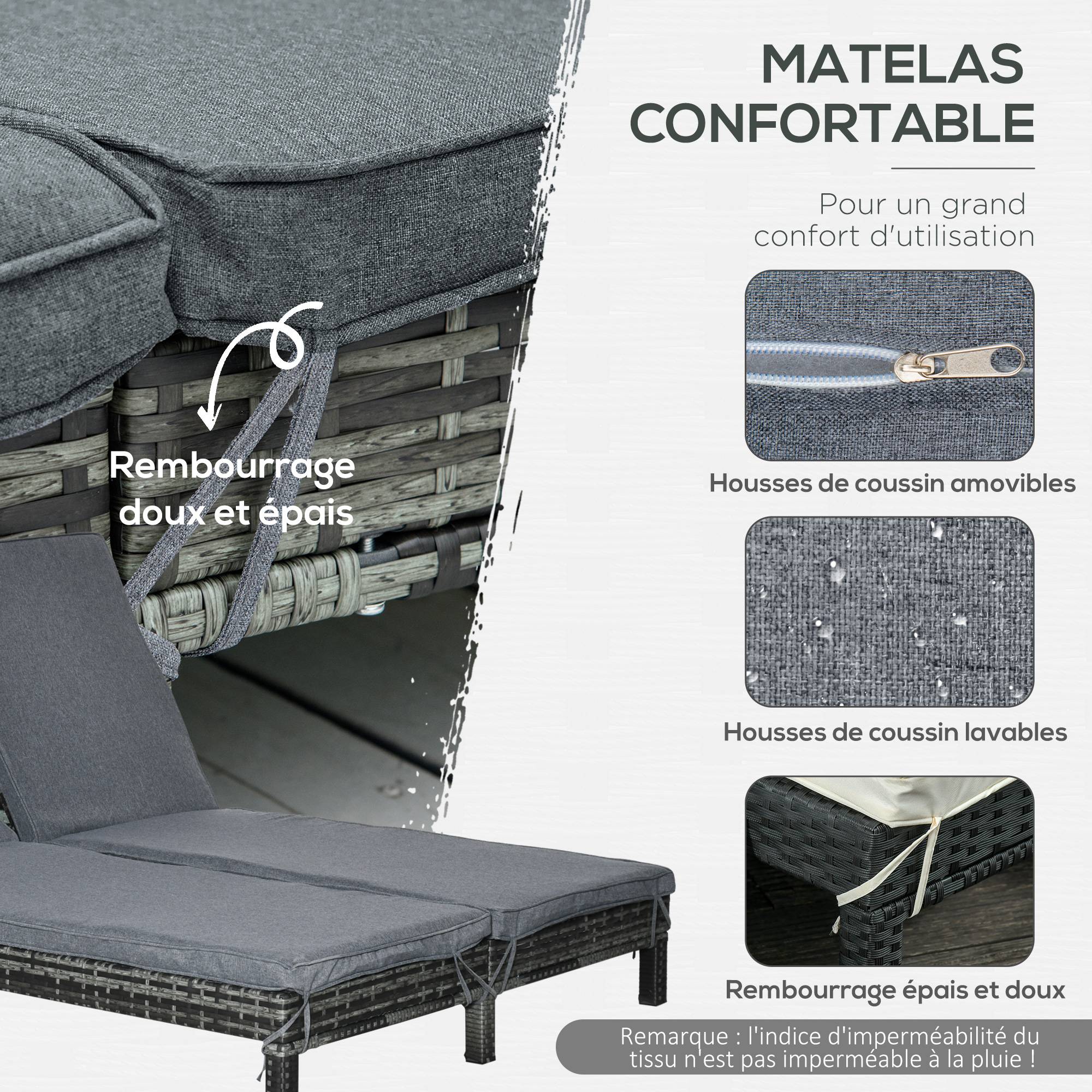 Outsunny - Bain de soleil transat 2 places - grand confort - dossier inclinable multi-positions - matelas fournis - résine tressée gris - Outsunny - Imagen 6