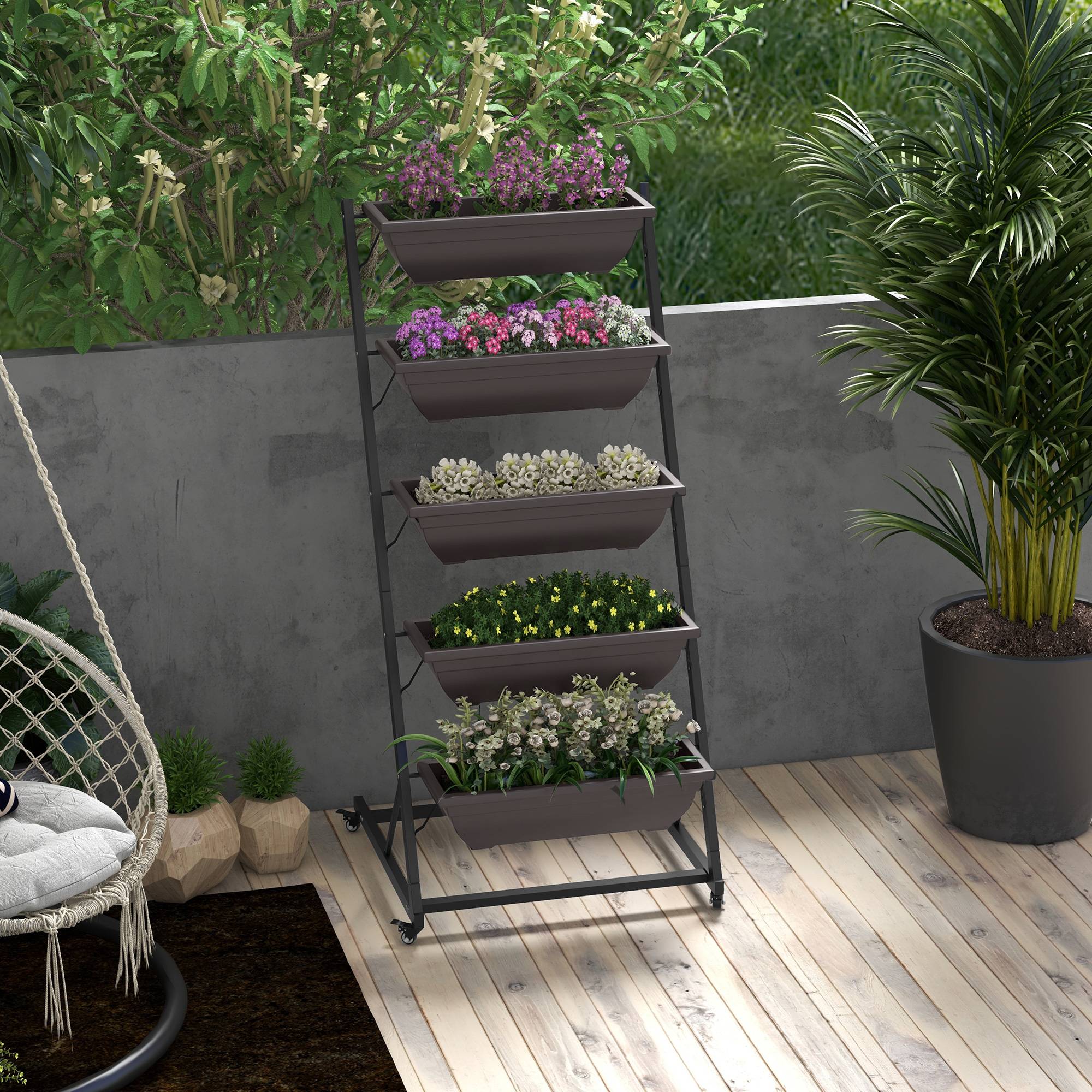 Support plantes 5 étages, 145 cm, roues, pots, étagère acier, brun - Image 3