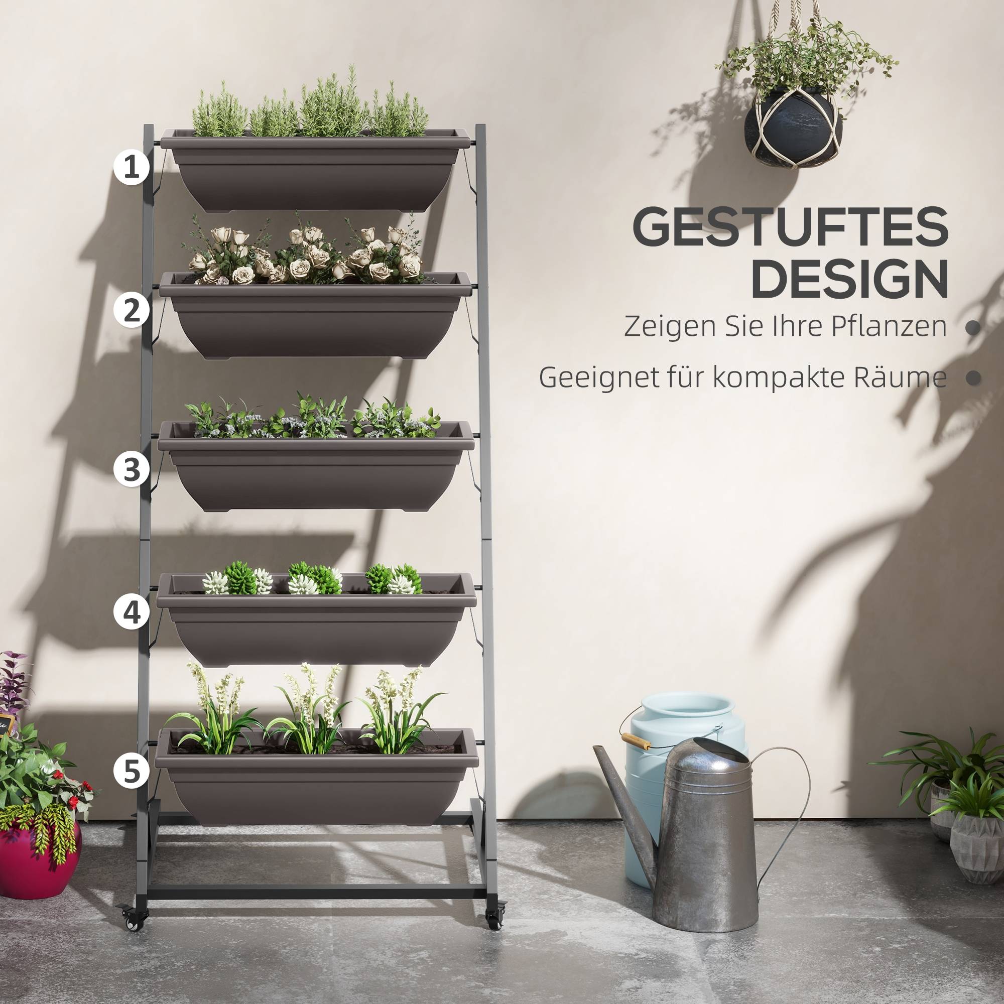 Support plantes 5 étages, 145 cm, roues, pots, étagère acier, brun - Image 6