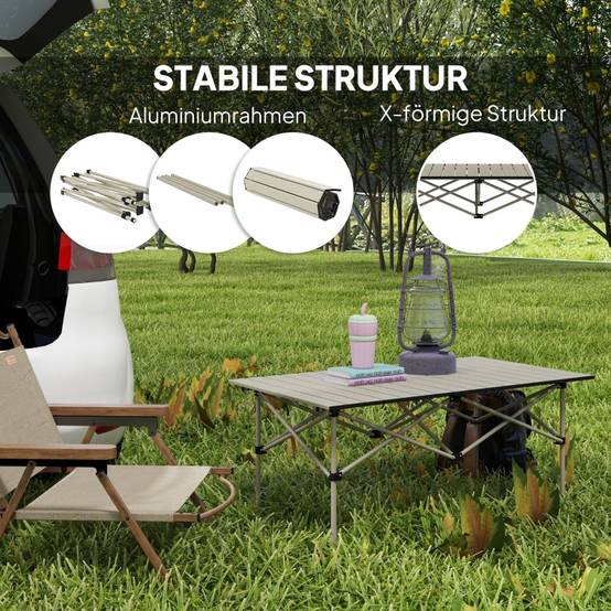 Table camping aluminium légère plateau enroulable cadre X 95x55cm kaki, 2 personnes jardin balcon - Image 5