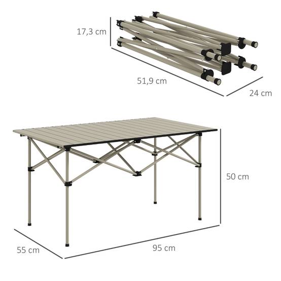 Table camping aluminium légère plateau enroulable cadre X 95x55cm kaki, 2 personnes jardin balcon - Image 3
