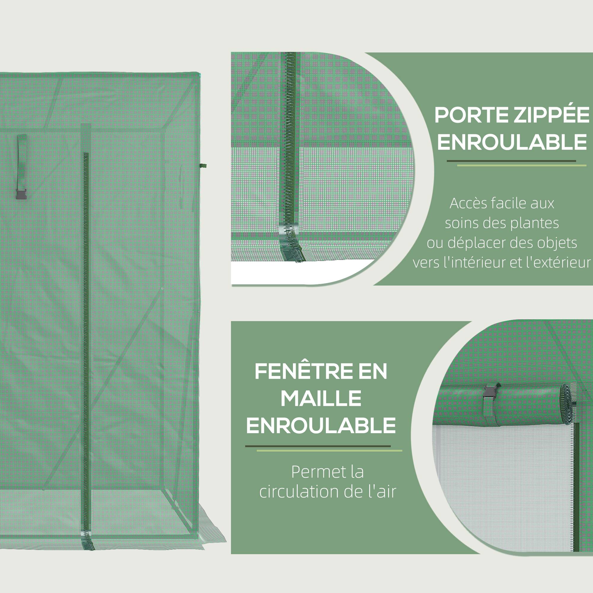 Serre de Jardin Anti-UV 2 fenêtres moustiquaires + Barres renforcement 200L x 77l x 169H cm Acier PE Vert - Image 7