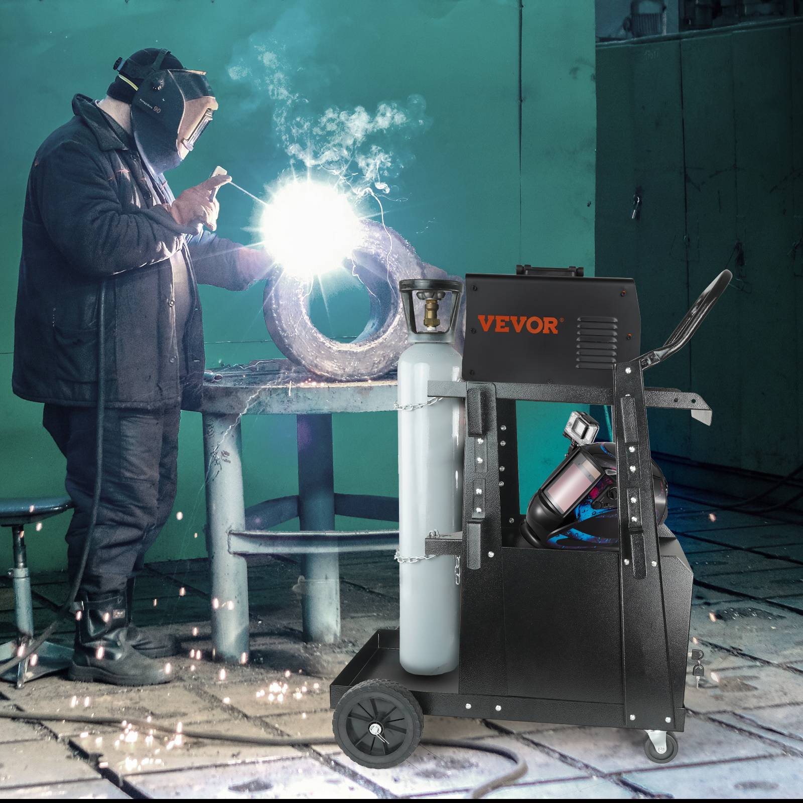 VEVOR Chariot soudage 2 niveaux, antivol, charge 120 kg, pour atelier TIG/ARC/MMA/découpeur plasma. - Image 8