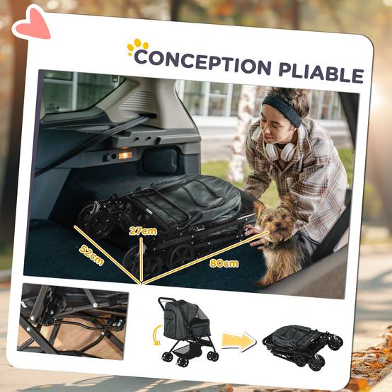 Poussette pour chien animaux de compagnie pliable 4 roues EVA guidon réglable panier 76,5 x 52 x 95 cm - Image 7