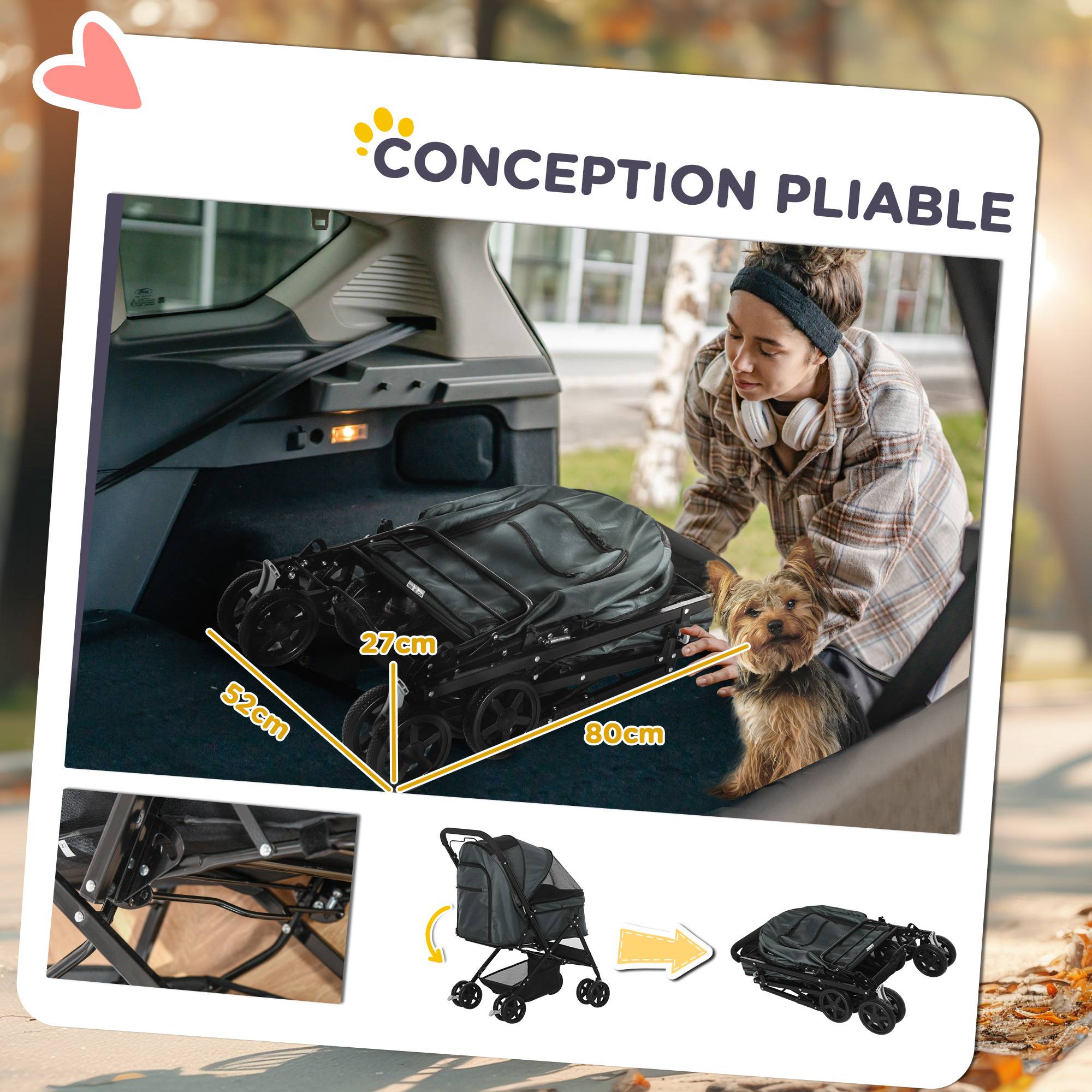 Poussette pour chien animaux de compagnie pliable 4 roues EVA guidon réglable panier 76,5 x 52 x 95 cm - Image 7