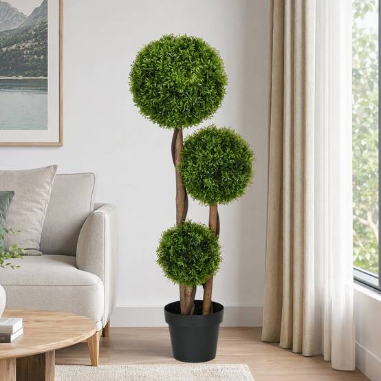 Buis artificiel 3 sphères feuilles bambou, pot inclus, 110cm, vert - Image 9