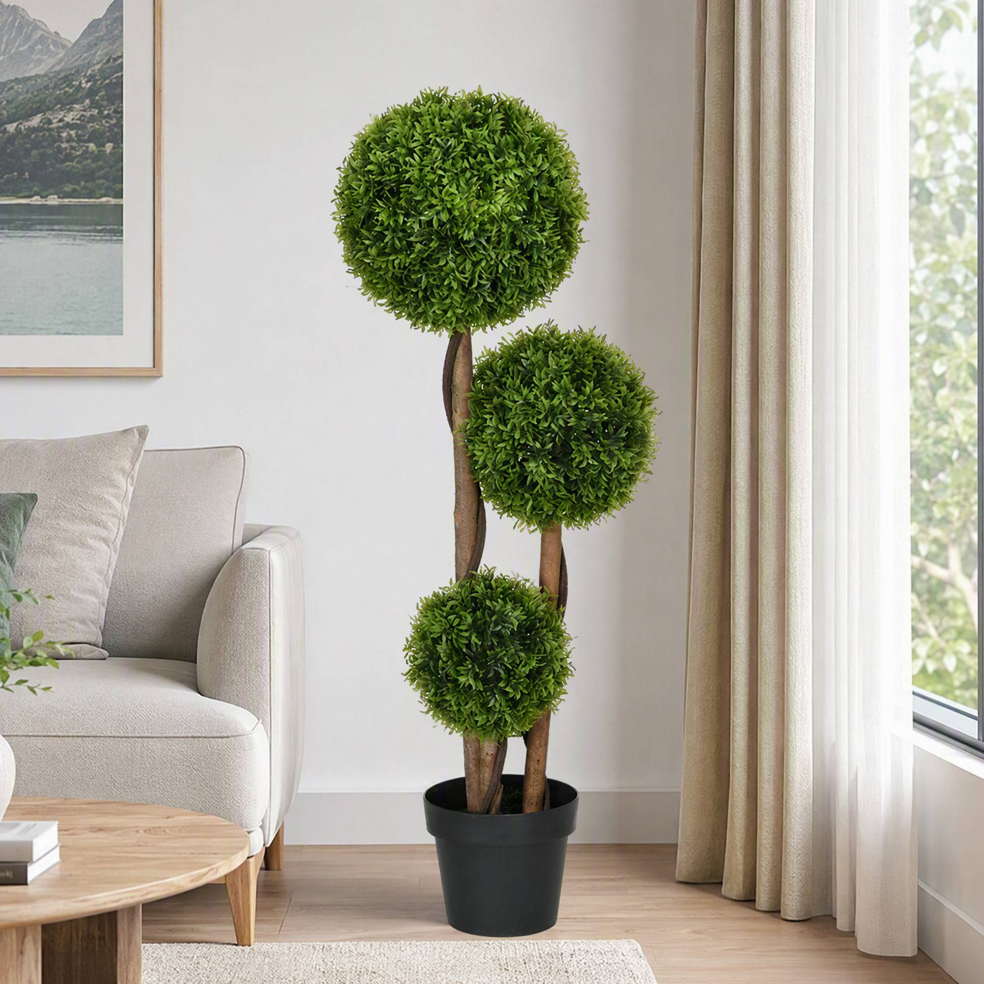 Buis artificiel 3 sphères feuilles bambou, pot inclus, 110cm, vert - Image 9