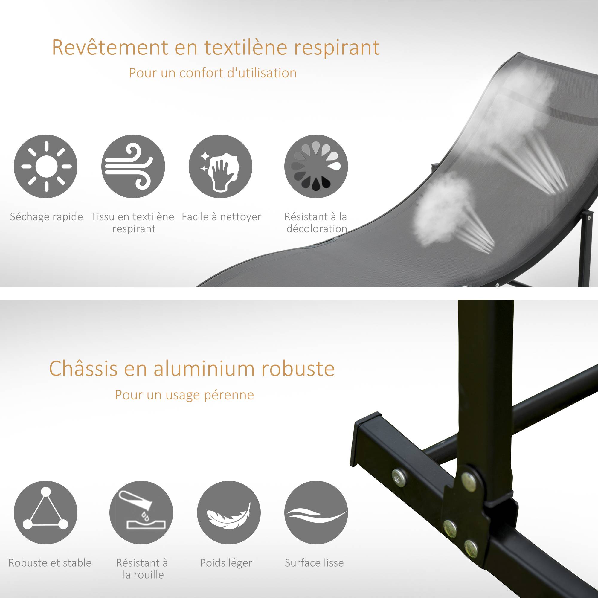 Lot de 2 bains de soleil pliables, chaise longue jardin extérieur aluminium et textilène anthracite - Image 8