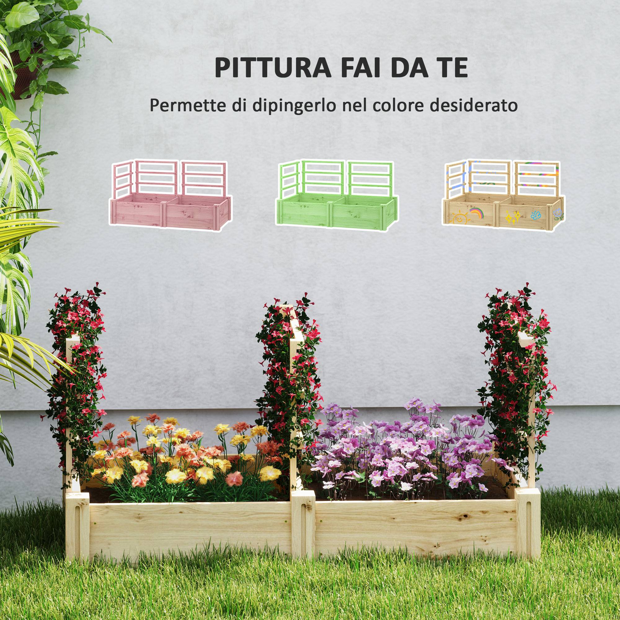Carré potager sur pied bois sapin jardin 3 treillis fond ouvert 119x62.5x64cm naturel - ComfortXL Outdoor Living - Image 8