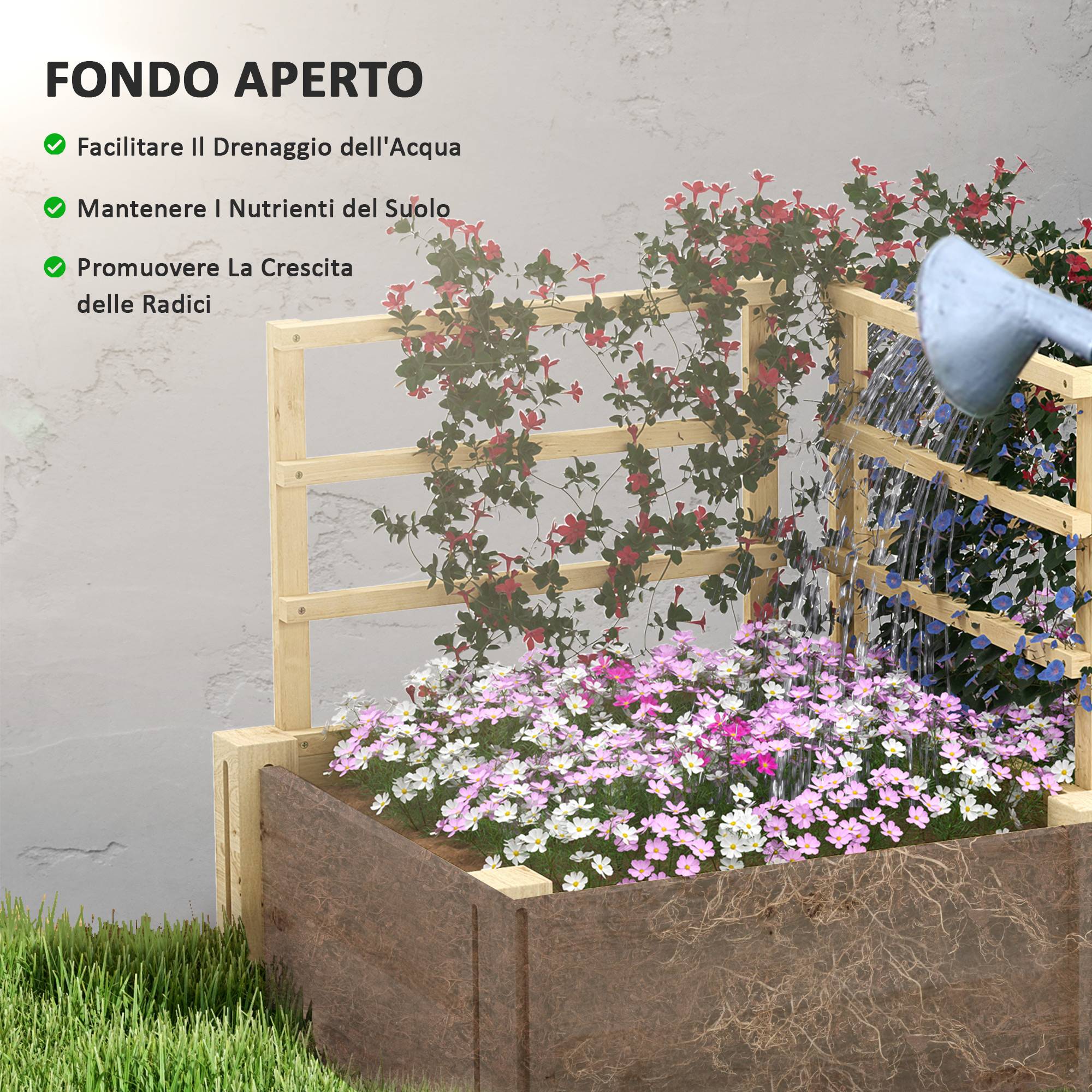 Carré potager sur pied bois sapin jardin 3 treillis fond ouvert 119x62.5x64cm naturel - ComfortXL Outdoor Living - Image 9