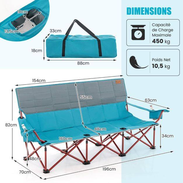 Helloshop26 - Chaise de camping 3 places surdimensionnée causeuse pliante avec porte-gobelets rembourrage epais capacité 450 kg bleu - Imagen 3